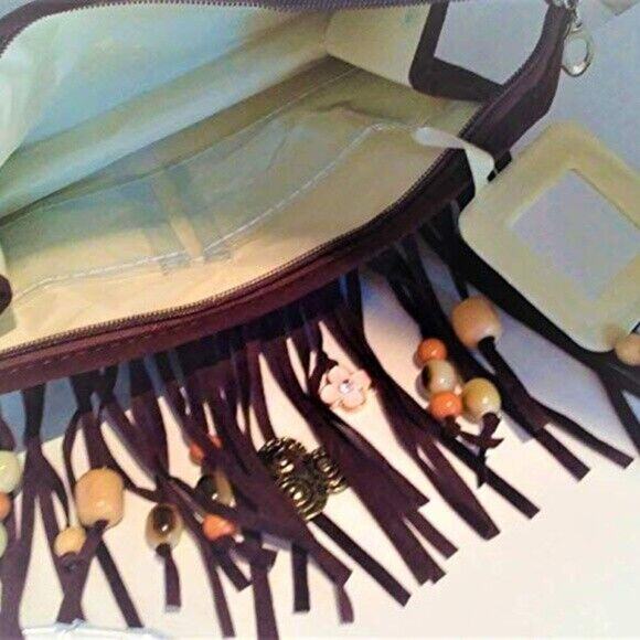 CROSSBODY BROWN Fringed Purse BOHEMIAN Luxury Gold Chain Charms Flower Gypsy NEW - Picture 8 of 15